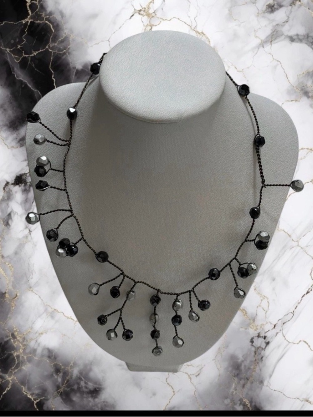VTG Maria Grazia Musi Silver Tone Black Beaded Necklace Milano Italy, Signed